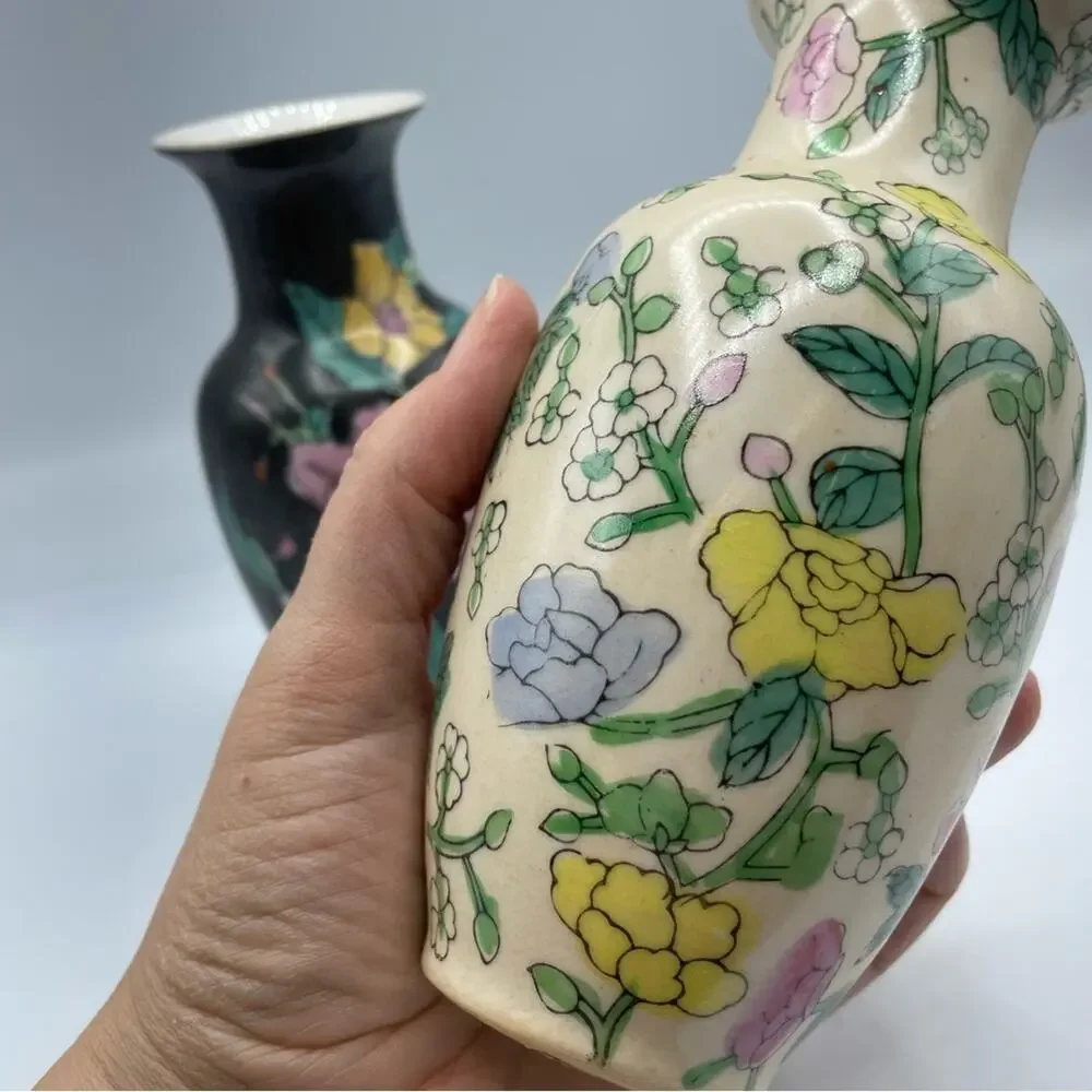Vintage Mini Vase Set Black & White Floral Made in China